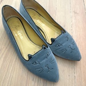 Charlotte Olympia Blue Velvet Kitty Flats